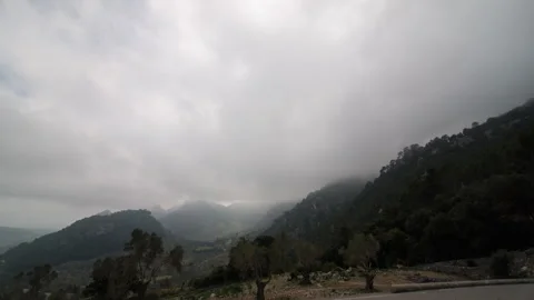 Misty Mountain Valley in Mallorca, Spain, Wide Shot Stock Footage 341524938