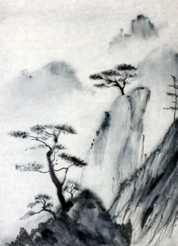 Misty mountains and pine Illustrazione stock