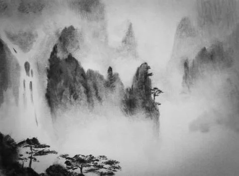Misty mountains and pine Stock Illustration