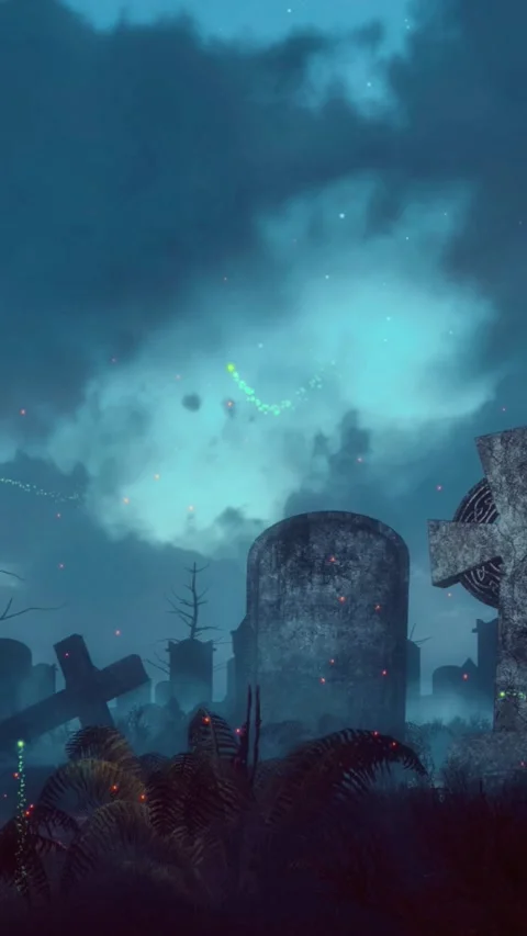 Misty night graveyard with magical firefly lights Stock Footage 346705010