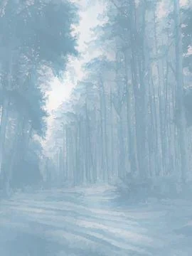 Misty Pine Forest Landscape Vector Background in Soft Blue Pastel Stock Illustration