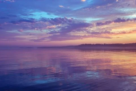 Misty Purple Seascape At Sunset In The White Nights Season Stock Photos