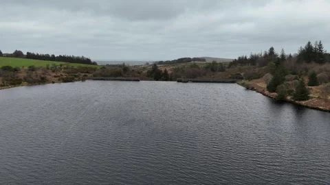 Misty Reservoir Surrounded By Trees Drone Footage Stock Footage 338358557