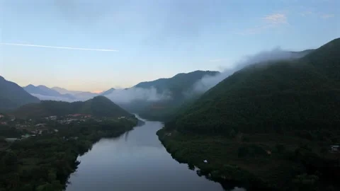 Misty River Flowing Through Mountain Valley At Sunrise In Vietnam Stock Footage 336857309