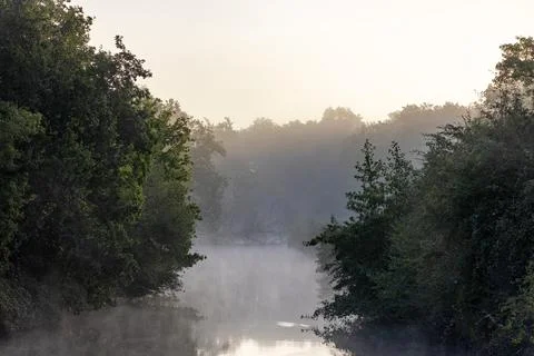 A misty river flows through the forest Stock Photos