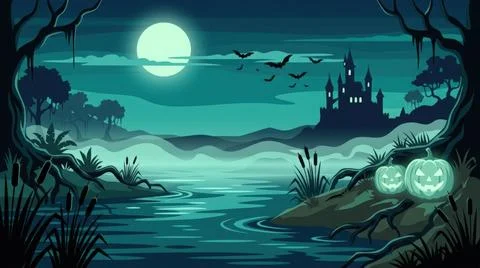 Misty river landscape with glowing pumpkins and distant castle Stock Illustration