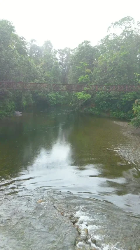Misty river with rusted bridge and pebble bank Stock Footage 331410031