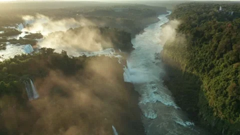 Misty River at Sunset in the Amazon Jungle Drone Aerial Shot Iguazu Falls Brazil Stock Footage 268104994