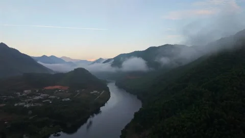 Misty River Valley And Mountain Village At Sunrise In Northern Vietnam Stock Footage 336857369