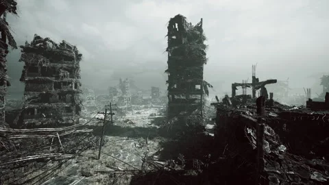 Misty ruins reflected, Dilapidated towers over murky water surface Stock Footage 334341021