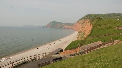 Misty seafront beach in Sidmouth, Devon, England Stock Photos