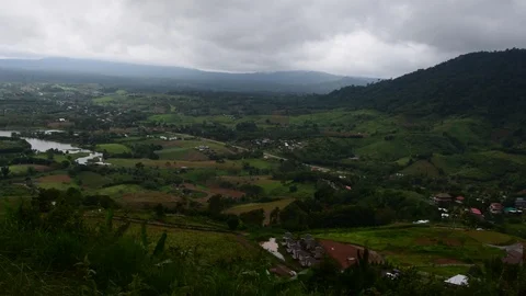 Misty sky floating on the mountains with forest and valley on the foregound Stockbeeldmateriaal 92936466