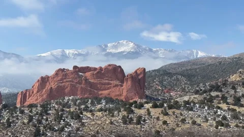 Misty Snow-Covered Pikes Peak Behind Kissing Camels – Timelapse Stock Footage 337653030