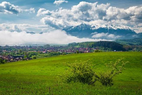 Misty spring landscape with green fields and snowy mountains, Romania Stock Photos