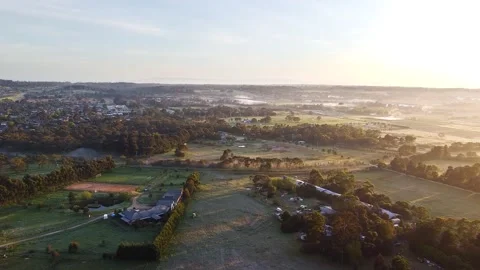 Misty Sunrise Morning Flyover Rural Lifestyle Farm Blocks Stock Footage