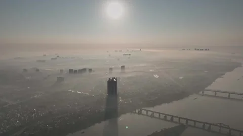 Misty Sunrise Over the Red River in Hanoi, Vietnam Stock-Footage 344743424