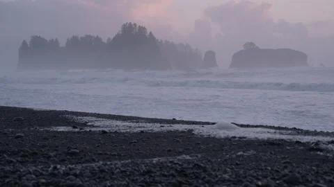 Misty Sunset and Slow Motion Waves at Rialto Ocean Beach Pacific Northwest Stock Footage 253521133