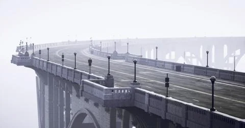 Misty suspension bridge with empty road under soft gray sky at dawn Illustrazione stock