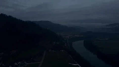 Misty town by river at dusk Stock Footage 328338119