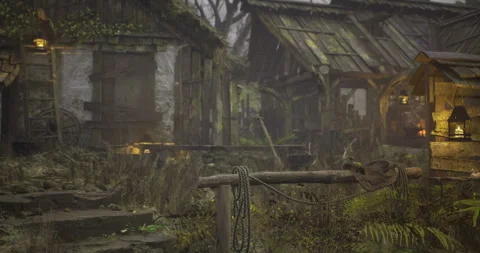 Misty village at twilight with rustic elements and warm lantern light Stock Footage 320520794