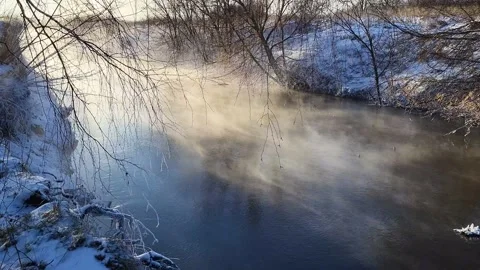 Misty winter dawn on the lake Stock Footage 230049969