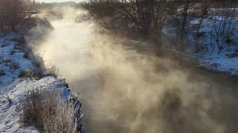 Misty winter dawn on the lake Stock Footage 230051510