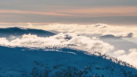 Misty winter mountains fast clouds time lapse sunset evening nature landscape Stock Footage 170786687