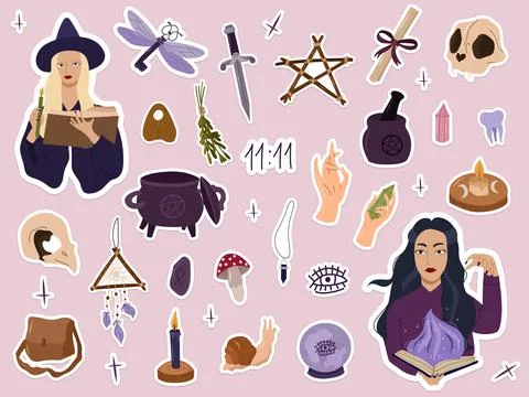 Mistyc witch sticker collection with magic design elements Stock Illustration