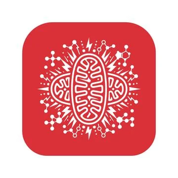 Mitochondria abstract icon, red background, digital network, cellular energ.. Stock Illustration