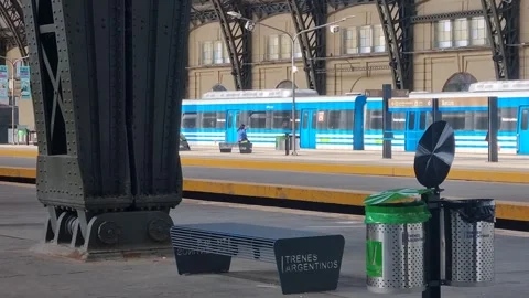 A Mitre Line commuter train glides into the terminal of Buenos Aires’ iconic Stock Footage 340947092