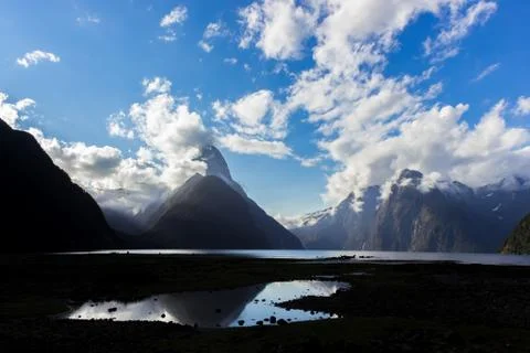 Mitre Peak on sunset with nice clouds, Milford Sound, Fiordland, South Island Stock-Fotos