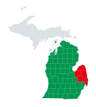 The Mitten and the Thumb of the U.S. state of Michigan, political map Stock Illustration
