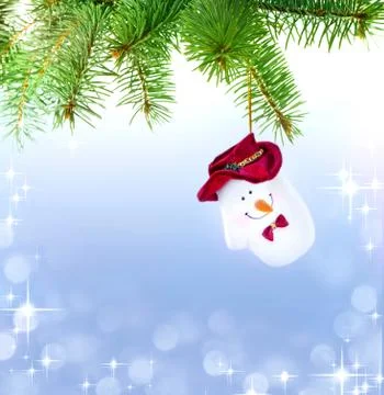 Mitten Snowman on the Christmas Tree Stock Photos