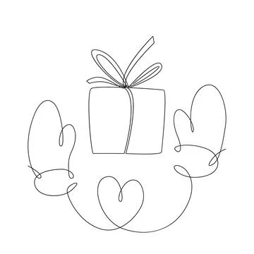 Mittens and present box in One line drawing style. Xmas, Valentine winter love Stock Illustration