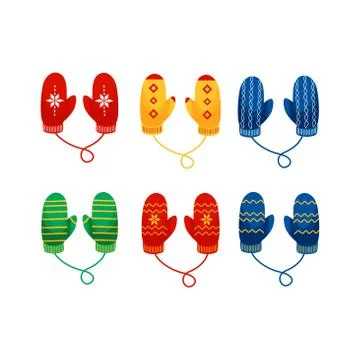 Mittens multicolor pair collection vector illustration in a flat cartoon style Stock Illustration
