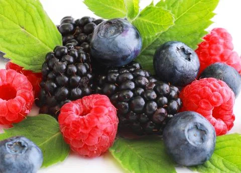 Mix berries with leaf of mint over white background Stock Photos