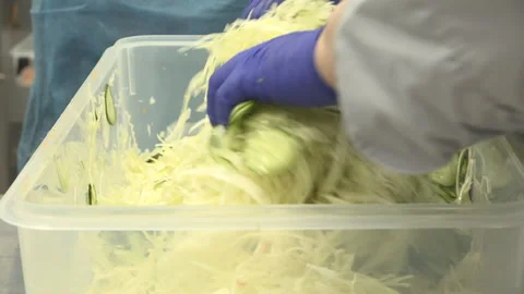 Mix cabbage and cucumbers by hand Stock Footage 310885756