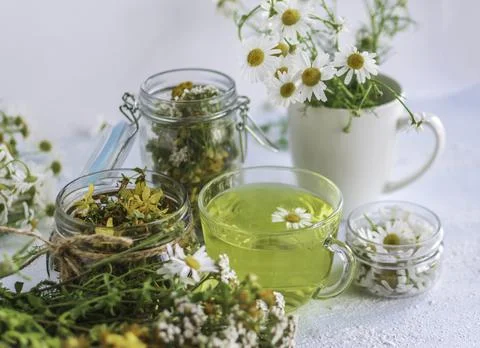 Mix of chamomile and Hypericum wort tea. Stock Photos