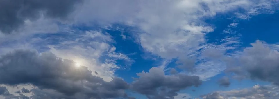 Mix of different cloud forms on the blue sky, wide panoramic view. Stock-Fotos
