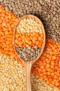 Mix of different lentil types in spoon Stock Photos