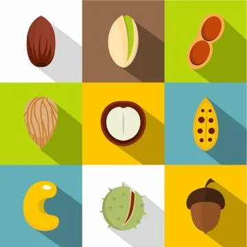 Mix of different nuts icons set, flat style Stock Illustration