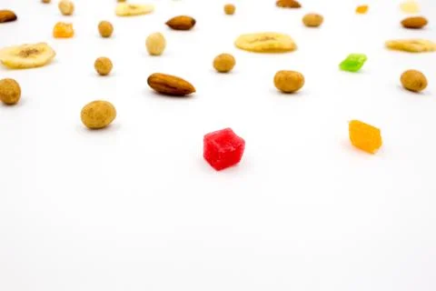 Mix of different nuts  on white background, Flat lay Stock Photos
