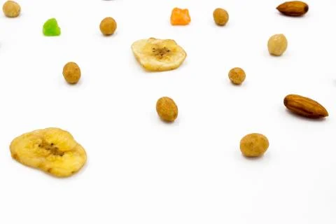 Mix of different nuts  on white background, Flat lay Stock Photos