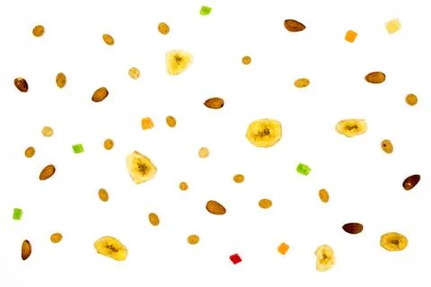 Mix of different nuts  on white background, Flat lay pattern, Top view Stock Photos