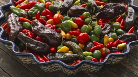 Mix of different types of chilies on a plate. Stock Footage 308254707