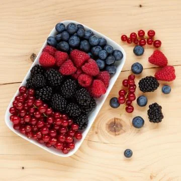Mix of differrent berries assorted on a plate Stock Photos