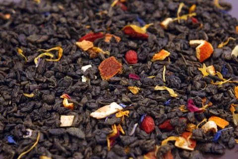 Mix dry tea with different ingredients and additives Stock Photos