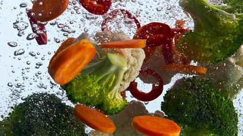 Mix fresh vegetable falling in water super slow motion closeup. Veggies floating Foto stock