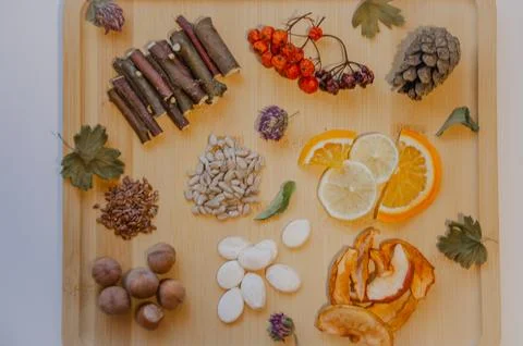 Mix of fruit tree sticks, nuts and herbs for poultry and rodents, meat-free food Stockfoto's
