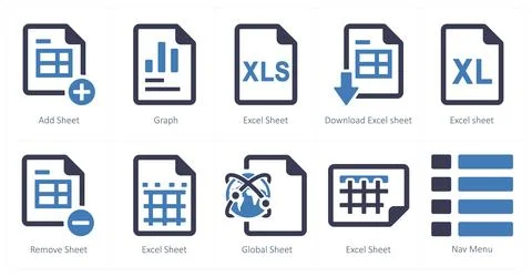 Mix icons as add sheet, graph, excel sheet Stock Illustration